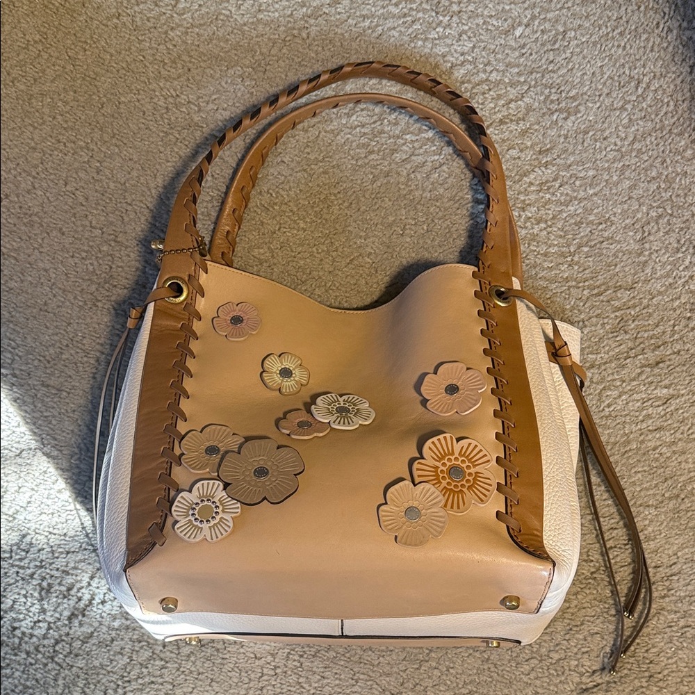 Coach Upcrafted Harmony Hobo bag with leather flower Applique Pink & Tan